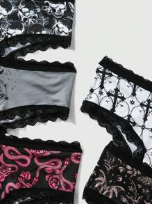 ROMWE Của phụ nữ 5 cái/bộ Đen Gothic Da rắn , Hoa , Sọ , Số In Vá lại Ren Cắt tỉa Tam giác Quần lót không đường may - Nhiều màu - Xem 4