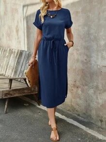 EMERY ROSE Women's Summer Brick Red Round Neck Batwing Short-Sleeve Midi Dress - Navy Blue - View 5