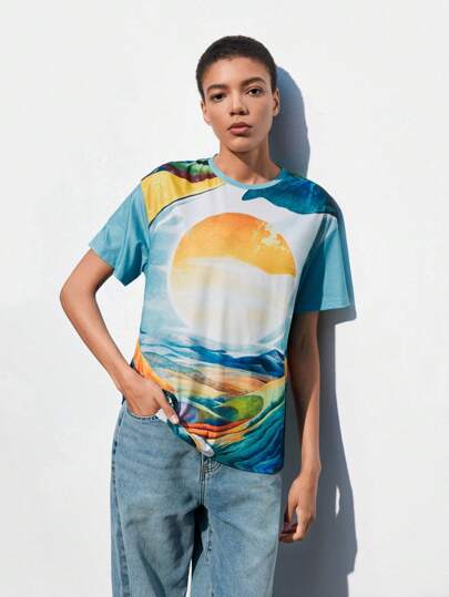 Maija Women Summer Oil Painting Printed Round Neck Short Sleeve Casual T-Shirt