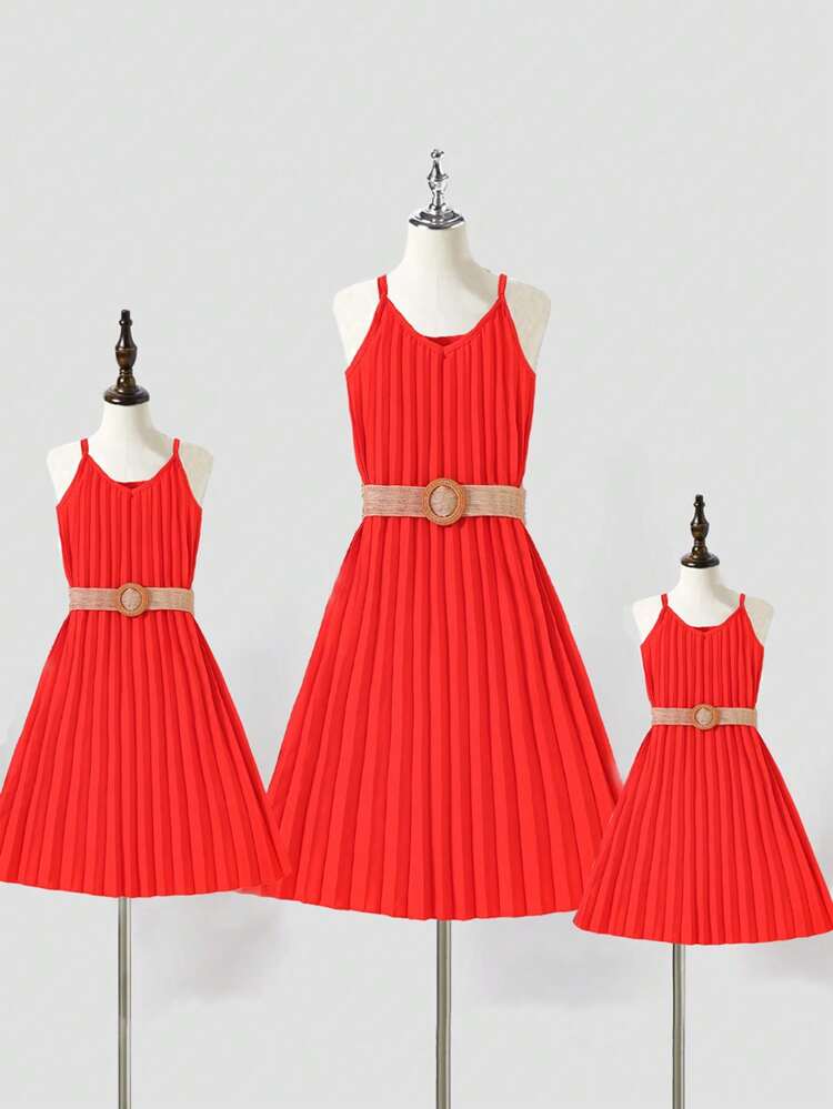 Teen Girl Solid Color Summer Simple Fashionable Casual Pleated Belted Strap Dress