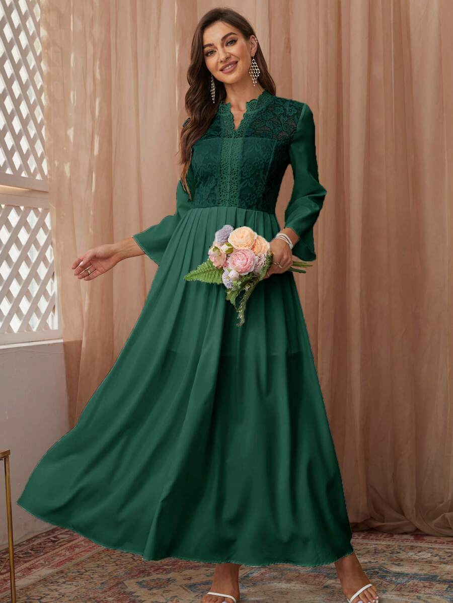 Women's Lace Patchwork Long Sleeve Floor-Length Dress - Green - View 1