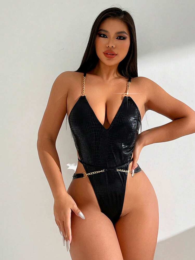 Women Solid Color Metal Chain Spaghetti Strap One Piece Swimsuit For Summer