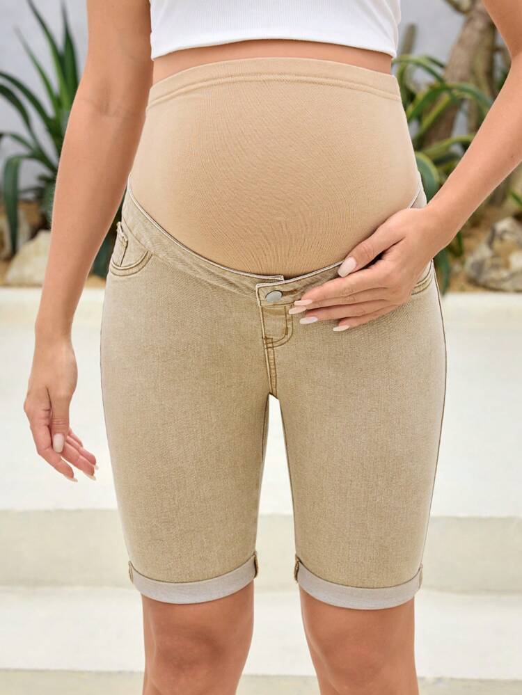 Maternity Leisure Adjustable Waist Knitted Fabric Denim Shorts In Khaki Color With Tightness And Elasticity, Spring And Summer