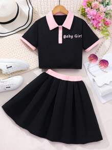 Tween Girl Summer Black & Pink Colorblock Shirt And Skirt Set - Black - View 4