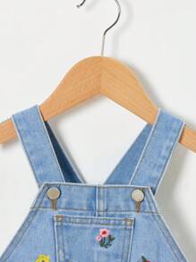 SHEIN Baby Girl Spring Summer Boho Adorable Flower Embroidered Denim Overall - Light Wash - View 4