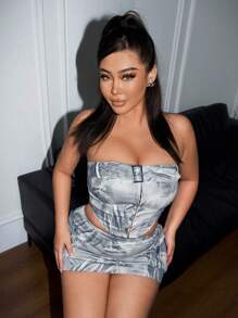 SHEIN SXY x STAS SHEIN SXY Women Summer Country Festival Casual Streetwear Motorbike Bandeau Top And Mini Skirt Set