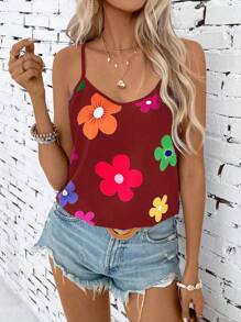 Breezaya Áo không tay kiểu dáng kỳ nghỉ dành cho nữ in ngẫu nhiên cho mùa xuân hè - Màu Đỏ Sâu - Xem 5