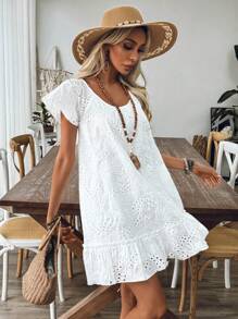 Chiquease Elegante vestido bordado a cuadros con dobladillo de hoja para vacaciones - Blanco - Ver 4