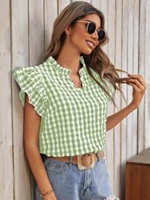 SHEIN LUNE Camisa para mujer casual de cuadros de doble capa con mangas tipo gorra y cuello en V con muesca, en dos colores - verde menta - Ver 5