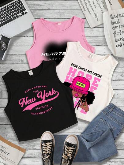 SHEIN Ensemble de 3 débardeurs cœur, Cool girl, Mignon, Style scolaire, pour filles adolescentes, décontracté et simple, rose, noir, blanc pour l'été