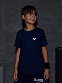 Tween Boy Leisure Sports Style Reflective Laser Printed Round Neck Knit Short Sleeve T-Shirt - Blue - View 1