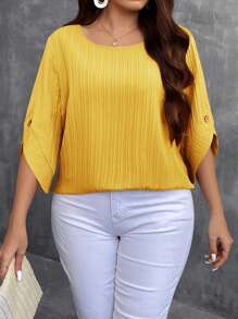 SHEIN LUNE Loose-Fit Round Neck Simple Solid Color All-Match Spring/Summer Short Sleeve Shirt In Plus Size - Yellow - View 4