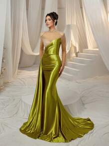 Faeriesty Rhinestone Detail Mock Neck Contrast Mesh Satin Formal Dress Elegant Long Sleeve Prom Evening Wedding Guest Gown, For Graduation, Dinner