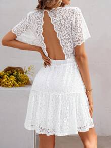 SHEIN Frenchy White Lace Dress Ladies' Solid Color Round Neck Lace Splice Open Back Dress White Short Dress Lace Dress White Formal Dress White Prom Dress White Mini Dress Pastel Dress Tea Party Attire Flowy Shorts Wedding Women Dresses White Women Dresses Sundress Ruffle Dress Graduation White Dress Homecoming Dresseswhite Lace Dress - White - View 5