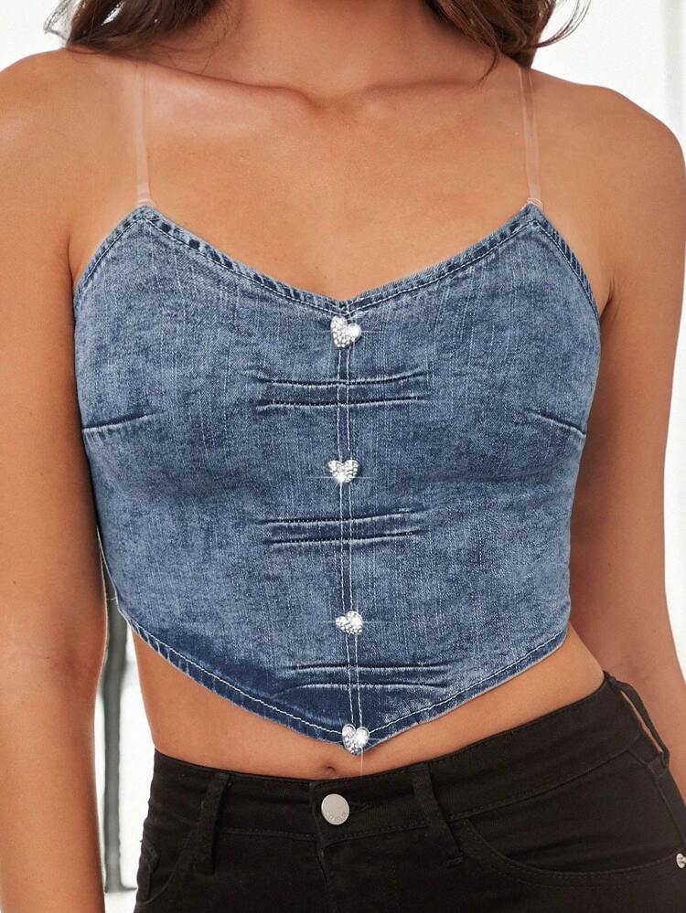 Women Summer Button Down Asymmetrical Hem Cropped Denim Top With Heart Shaped Button Decoration