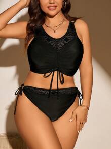 SHEIN Swim Curve 大码镂空纯色泳衣套装，适合海滩度假夏季 - 黑色 - 查看 5