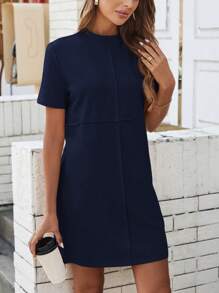 SHEIN LUNE Summer Ladies Stand Collar Smocked Sewing Side Dual Pocket Casual Comfortable Dress