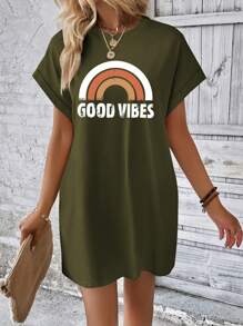 INAWLY 女士夏季字母印花圓領蝙蝠短袖休閒T恤連衣裙 - 軍綠色 - 查看 3