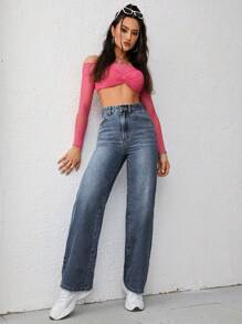 SHEIN EZwear 女士貓鬍鬚日常搭配直筒牛仔褲