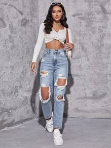 SHEIN ICON Women Loose Fit Casual Straight-Legged Jeans With Ripped Holes And Pockets,Ladies Casual Pocket,Ripped,Zipper High Waist Straight Leg Long Light Wash Cotton Curvy,Mom Fit Regular Fit Women Jeans,Spring/Fall,Casual Daily Wear