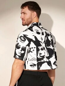 FeverCity 男士夏季宽松短袖衬衫，带有角色印花，狂欢派对图案衬衫 - 黑與白 - 查看 2