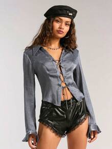 Forever 21 女式襯領綁帶休閒春夏長袖襯衫，適合日常穿著 - 灰色 - 查看 5