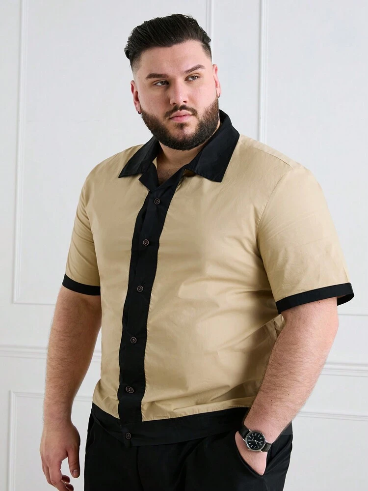 Men Plus Size Summer Casual Color Block Short Sleeve Shirt