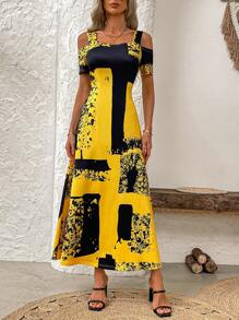 SHEIN LUNE Women's Colorblock Dress, Suitable For Summer Maxi Women Outfit - Yellow - View 4