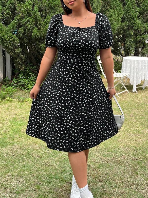 SHEIN EZwear Rochie midi cu imprimeu floral în stil vacanță de mărime plus, vară