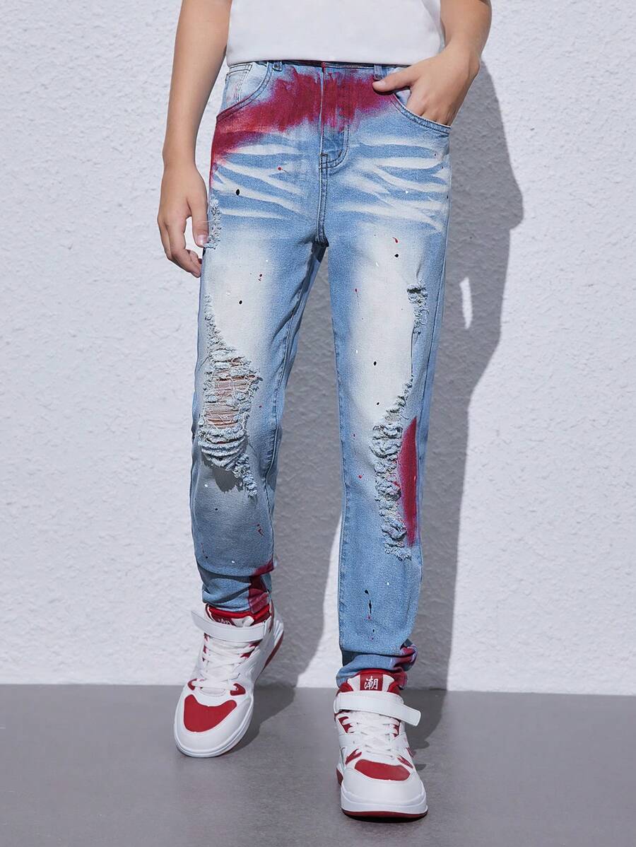 Tween Boy Distressed Graffiti Print Stretch Jeans - Medium Wash - View 1