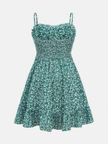 Teen Girl Ditsy Floral Print Ruffle Hem Cami Dress - Green - View 2