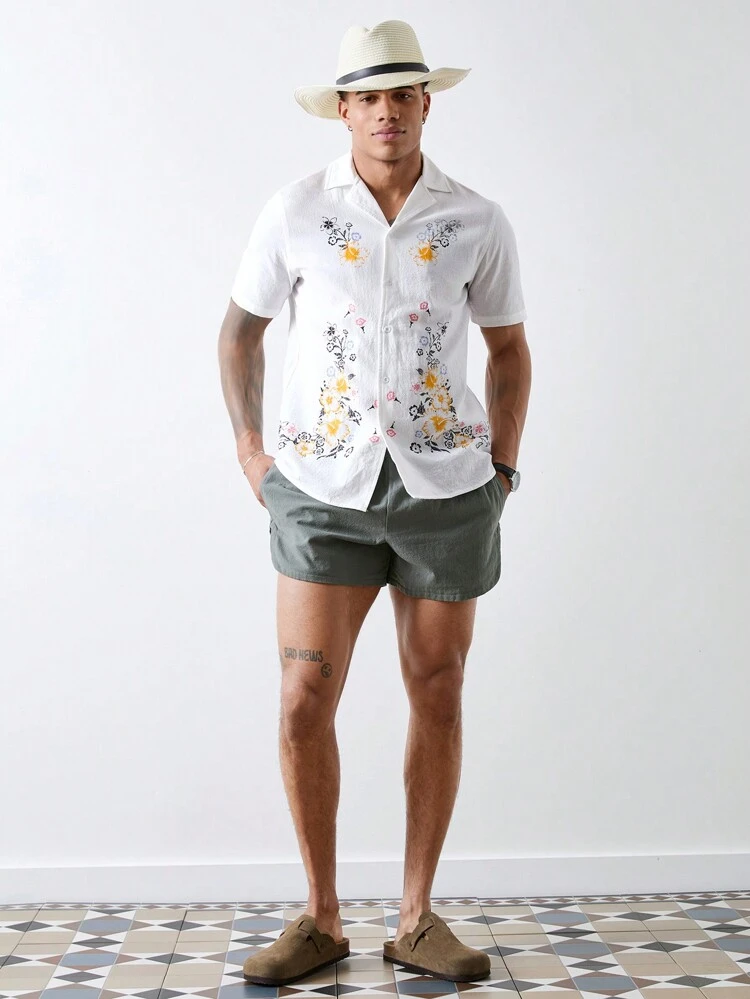 Men's Camp Collar Summer Linen-Blend Shirt And Shorts 2Set