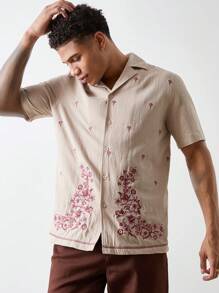 Forever 21 Men's Camp Collar Summer Linen-Blend Embroidered Shirt - Khaki - View 1