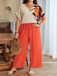 SHEIN LUNE Plus Size Women Summer Color Block Printed T-Shirt And Long Pants Set - Multicolor - View 1