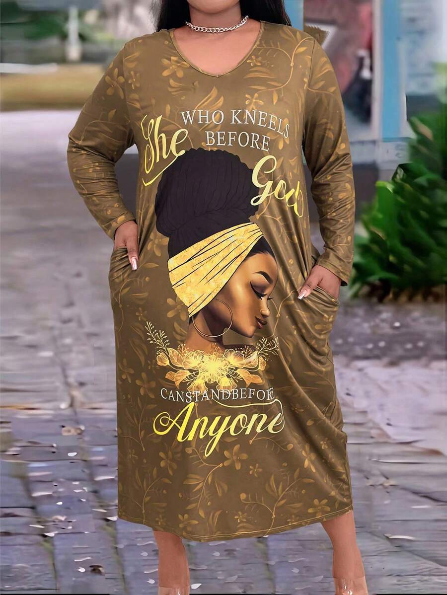 Maweii 大码女式肖像印花连衣裙，配有口袋，超长女装 - 彩色 - 查看 1