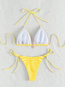 SHEIN Swim 夏季沙灘女性時尚全配愛心印花比基尼套裝，印花圖案定位 - 黃色 - 查看 2