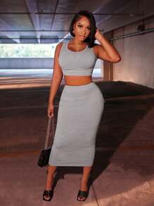 Slaydiva 悠閒街頭風中長款後拉鍊貨物夾克和工作口袋中長裙灰色2件套裝-H