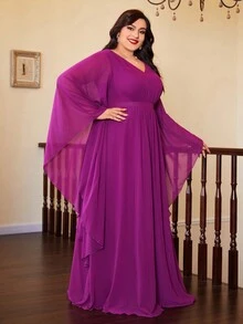 Plus Size Mgiacy V-Neck Front Folded Butterfly Sleeve Chiffon Dress Elegant Long Sleeve Bridesmaid Dress - Purple - View 5