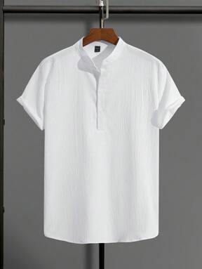 Manfinity Homme Men's Half Button Short Sleeve Shirt , Slim Fit Up Plain All White Casual