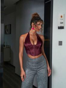 Rave Vintage Cổ Chữ V Móc Và Mắt Phía Trước Phối Ren Lưng Hở Lưng Áo Dây Áo Bodyshper Đảng Crop Tank Top - Màu Đỏ Sâu - Xem 4