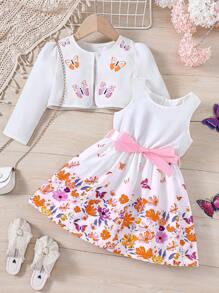 SHEIN 少女花卉蝴蝶印花連衣裙和針織開衫套裝，春季/夏季