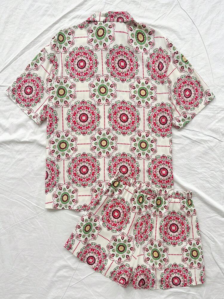Women Red And White Flower Printed Shirt And Shorts Set,Summer Boho Vacation Holiday Two Pieces Outfits,Loose Casual Button Up Blouse Baggy Clothes