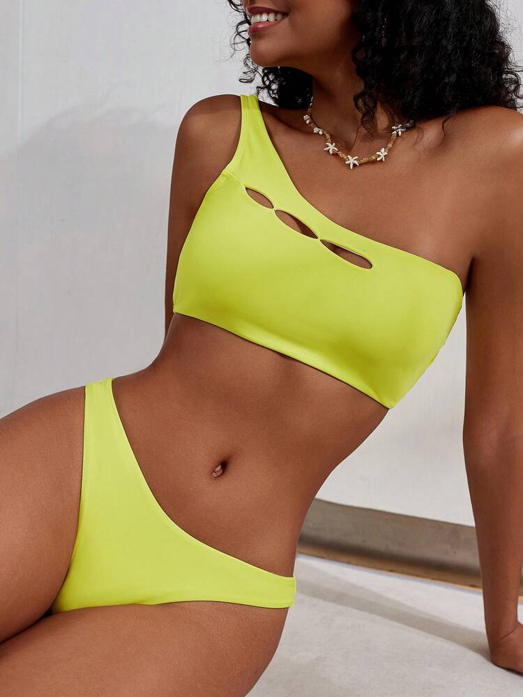 Women Beach Holiday Plain Hollow Out Bikini Set Summer Beach