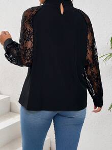 SHEIN Clasi Plus Size Áo sơ mi dài tay phối ren màu trơn mùa hè - màu đen - Xem 2