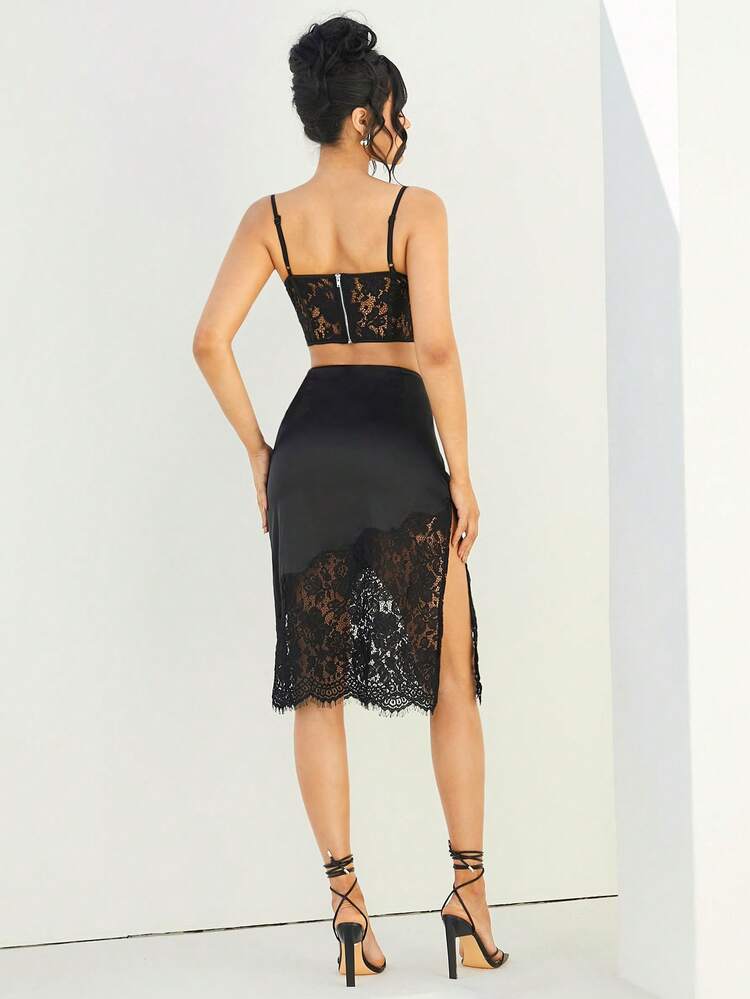 Draped Lace Corset & Asymmetric Skirt With Slit Two Pieces Set