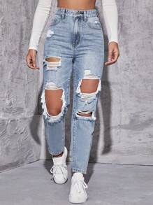 SHEIN ICON Women Loose Fit Casual Straight-Legged Jeans With Ripped Holes And Pockets,Ladies Casual Pocket,Ripped,Zipper High Waist Straight Leg Long Light Wash Cotton Curvy,Mom Fit Regular Fit Women Jeans,Spring/Fall,Casual Daily Wear