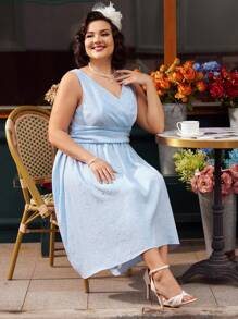 Vintamour 復古優雅女裝連身裙，春夏修身褶紋提花無袖背心傘形下擺母親節洋裝，教師藍色連衣裙 - 藍色 - 查看 4