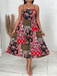 SHEIN VCAY 大尺碼假日細肩帶彈性腰連衣裙 - 彩色 - 查看 5