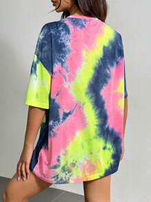 SHEIN EZwear Women Casual Summer Colorblock Tie-Dye Short Sleeve T-Shirt