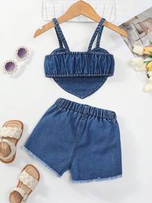 Young Girl Summer Casual Vacation Style Heart Shaped Strap Camisole With Polka Dot & Printed Detail And Denim Shorts With Fringe Hem - Medium Wash - View 2